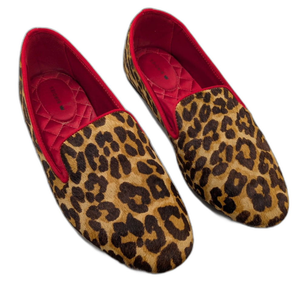 Birdies Leopard Print Calf Hair Smoking Slippers Loafers Women’s 8.5 Red Trim